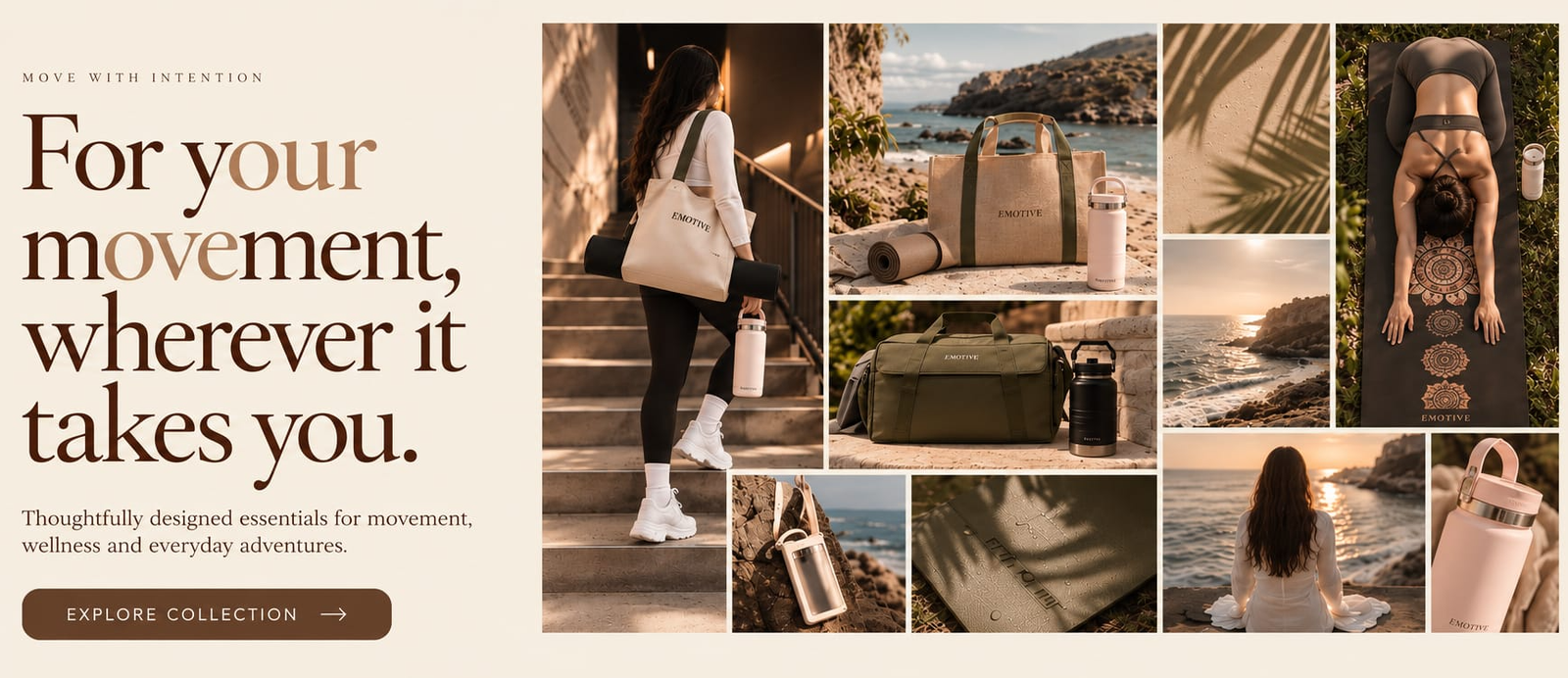 EMOTIVE bags, bottles and yoga essentials in a coastal lifestyle collage