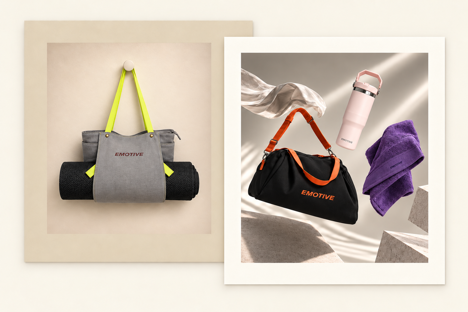 Grey EMOTIVE tote with neon lime straps and mat carrier